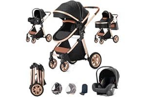 SHUKBETA Kinderwagen 3 in 1 Baby Buggy Kinderwagen Kinder Leichtgewicht Faltbarer Reisesystem für Neugeborene & Kleinkinder von 0-36 Monaten ab Geburt Aluminium (BLACK)