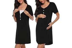 Sykooria Women's Maternity Nightdress Breastfeeding Nightwear Short Sleeve Nursing Nightgown Button Down Sleep Shirt V Neck Pajama Tops Soft Loungwear For Pregnant Women