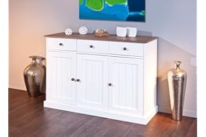 ‎INTER LINK Inter Link – Kommode – Buffet – Sideboard – Kiefer massivholz – 3 Türen – 3 Schubladen – Landhausstil – Für Esszimmer – Wohnzimmer – Eingang – Westerland 4.2 - Weiß / Sepia Braun