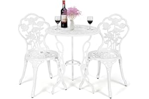 GIANTEX Salon de Jardin 2 Personnes en Fonte Aluminium, Table de Jardin Extérieure avec 2 Chaises, Trou de Parasol, Motif de Rose, Ensemble Table et Chaise pour Bistrot, Terrasse, Balcon (Blanc)