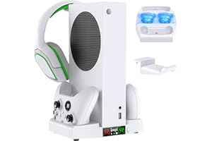 Supporto di ricarica per Xbox Series S con ventola di raffreddamento, stazione di ricarica controller MENEEA e console regolabile a 3 marce, staffa per cuffie, con 2 porte USB extra