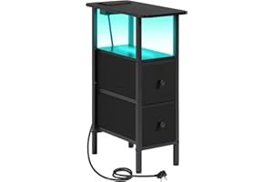 AMHANCIBLE Slim Bedside Table with Charging Station, Narrow Side Table with LED Lights, Small End Table with 2 Fabric Drawers, Nightstand for Small Spaces, Living Room, Bedroom, Black HETNDP02LBK-1