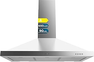 Cecotec Hotte aspirante 90 cm Pyramidale Bolero Flux PM 906500 Inox A. Moteur 165 W, Finition noire, Aspiration 650 m3/h, Commande mécanique, 3 niveaux de puissance, Lumière et Filtre à charbon