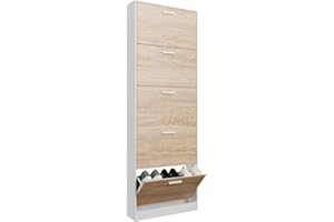 CASABEL - Mueble de Almacenamiento para Zapatos, 15 Pares, Gran Capacidad, Ideal para la Entrada, 60 x 17 x 180 cm, Puertas de Madera Clara, Marco Blanco