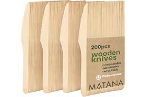 MATANA 200 Couteaux en Bois, 16,5cm - Solide & Écologique - 100% Naturel, Biodégradable & Compostable
