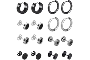 QH-SHOP Orecchini da Uomo Donne in Acciaio Inossidabile, 8 Paia Orecchini Piercing Pendenti a Cerchio Incrociato Tondo Orecchin a Pendaglio (Nero e Argento)