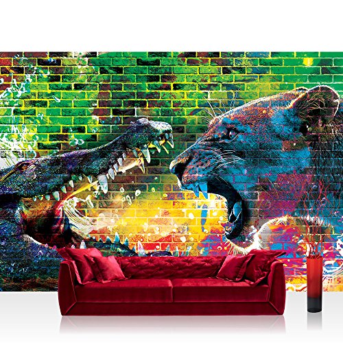 Vlies Fototapete 312x219cm PREMIUM PLUS Wand Foto Tapete Wand Bild Vliestapete - Graffiti Tapete Steinwand Steine Graffiti Tiere Krokodil Löwe Wasser bunt - no. 1918