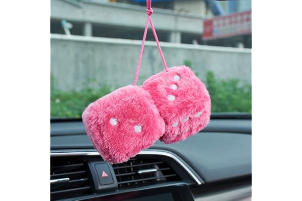 JSCARLIFE 1 paire de dés en peluche avec pois à suspendre au rétroviseur effet rétro, couple de dés en peluche avec pois de 7,5 cm de côté pour décoration intérieure de voiture (Rose)