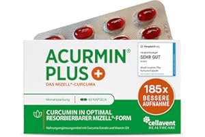 ‎ACURMIN 185x effektivere Kurkuma Kapseln - 10.000 mg Kurkuma Pulver/Tag - Kurkuma hochdosiert ohne Piperin - Mizell Curcuma - 95% Curcumin - mit Vitamin D3 für Knochen - Acurmin PLUS, 60 Kapseln