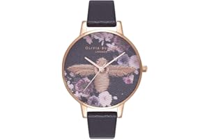 Olivia Burton Damski analogowy zegarek kwarcowy z czarnym skórzanym paskiem - OB16EM02, Różowe złoto, Bransoletka