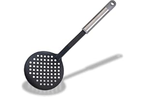 Fackelmann MODE Skimmer, Oil Skimmer & Strainer, Heat-Resistant Plastic Ladle, Colander Straining Spoon, Non-Stick & Anti-Scratch, Deep Fat Frying, Small Holes, 34cm, Black,grey