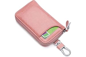 PORRASSO Genuine Leather Key Case Car Key Bag Key Pouch Portable Card Holder Keychain Wallet with 6 Hook for Men Women Pink
