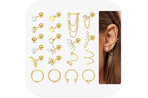 JeweBella 20 Stück 16G Ohrringe Set für Damen Chirurgenstahl Helix Piercings Gold/Silber Creolen Feder Herz Stern Ohrstecker Set Conch Helix Tragus Piercing Ohr Schmuck