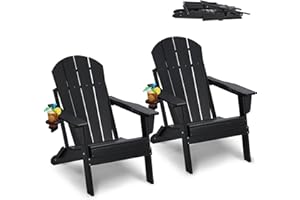 VEVOR Chaise Adirondack en Plastique, Lot de 2, Fauteuil de Jardin Pliant Portable, Charge 181,4 kg, avec Porte-Gobelet, Accoudoir Relaxant, pour Toutes Saisons, Extérieur, Patio, Arrière-Cour, Noir