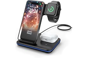 Minthouz Wireless Charger, 3 in 1 Induktive Ladestation mit 18W Adapter für mehrere Geräte Apple, iWatch S8/7/6/5/4/3/SE2/SE (ONLY), AirPods 3/Pro, Qi kompatibel mit iPhone 17/16/15/14/13/12/11