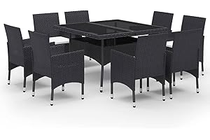Gecheer 9-TLG. Garten Essgruppe, Terrassenmöbel Set 8 Personen, Sitzgruppe Esstisch mit Glas-Tischplatte & 8 Stühle mit Kissen, Gartenmöbel Set Poly Rattan und Glas Schwarz