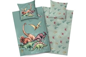 ‎AMINATA KIDS Aminata kids Bettwäsche 135x200 Kinder Dinosaurier Biber Flanell Baumwolle | grün - Jungen | 2- teilige warme & weiche Kinder-Wende-Bettwäsche-Set Dino