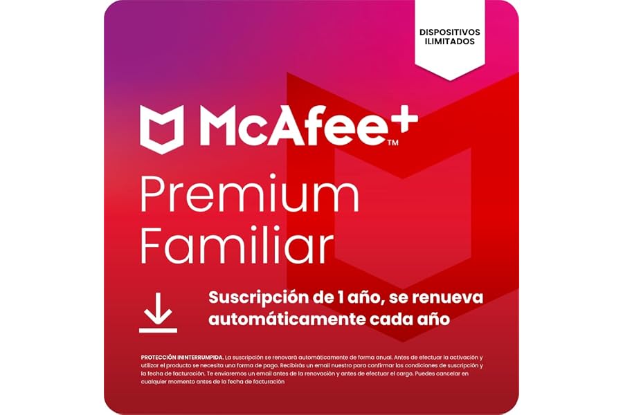 McAfee+ Premium Familiar para dispositivos ilimitados 2026 | Antivirus, VPN, software de ciberseguridad | Suscripción de 1 añ