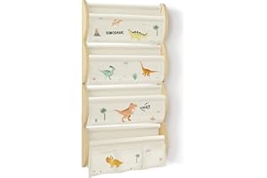 wooshwa Libreria Montessoriana per Bambini da Parete 4 Ripiani e 3 Tasche Porta Libri Bambini Scaffale Salvaspazio Legno 81x43x8cm - Dinosauro