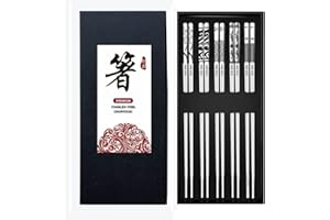 QMAHA Lot de 5 paires de baguettes réutilisables en acier inoxydable - Passe au lave-vaisselle - Baguettes japonaises gravées laser - Coffret cadeau Noël/anniversaire