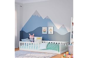 ‎BELLABINO Bellabino Vere Bodenbett 90x200 cm – Montessori Kinderbett mit Rausfallschutz & Lattenrost – Massives Kinder Bett für Jungen & Mädchen aus Holz Kiefer – Kleinkindbett in Weiß