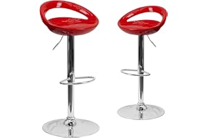 Flash Furniture 2-pack samtida plast justerbar höjd barstol med rundad utskärning baksida och krombas, ABS, metall, röd, set med 2