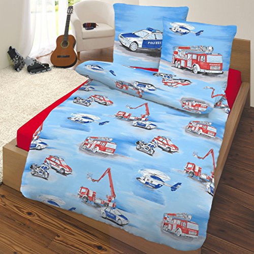 Kinder Bettwäsche Polizei Feuerwehr Auto 2 tlg. Renforce 100 % Baumwolle – Größe 80×80 + 135×200 cm – hergestellt in Deutschland - 2