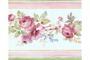 CONCORD WALLCOVERINGS ™ Tapetenbordüre Blumenmuster Blumen Blätter Knospen für Wohnzimmer Schlafzimmer Essbereich, Weiß Pastellrosa Braun Grün Lila, 9,5 cm x 4,5 m PR79654