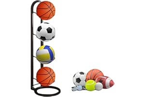 SVUPUE 4 Tier Ball Storage Rack, Vertical Ball Storage Rack, Ball Stand, for Storing Footballs, Basketballs, Volleyballs, Black