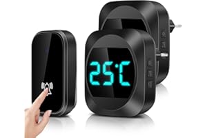 [Pas Besoin de Piles] Sonnette sans Fil avec Température LED, Sonnette de Porte Étanche Kit de Carillon Electronique avec 2 Récepteur Enfichables, 150M Gamme, 38 Mélodies au 4 Niveau de Volume