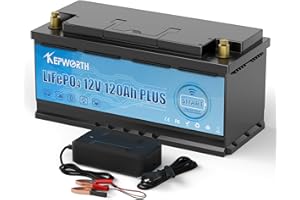 KEPWORTH Batteria Bluetooth LifePo4 12 V 120 Ah per auto con BMS Deep Cycles per camper, barca, campeggio o impianto solare con caricabatterie/5 anni di garanzia..
