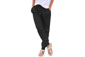 Hose Damen Sommer Casual Baumwolle Leinen Stoffhose Einfarbig Freizeithose Stretch Leicht Leinenhose Straight Leg Hose und Taschen