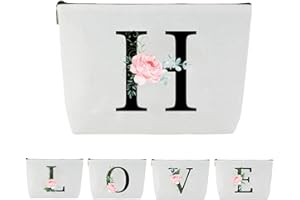 Blisswave A-Z Personalisierte Kosmetiktasche, Geschenke für Frauen, Mütter und Freund, Mädchen, Elegantes und Hübsches Rosa Blumenmuster, Schminktasche mit Initialen Namen (Weiß)