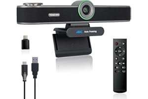 TONGVEO AI Tracking 4K Webcam 5X Zoomable for Conference TV Room System with 4 Mics and Speaker, Computer ePTZ Camera with Remote, Adjustable Wide Angle, for Laptop Mac, Video Call, Zoom