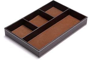 BTSKY Desk Drawer Organizer- Flat 4-Slot Leather Drawer Tray Desk Office Supplies Stationery Sundries Gadget Container Dresser Top Organizer Box(Brown)