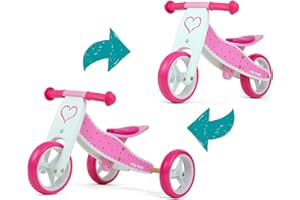 Milly Mally Jake Laufrad mit Zwei oder DREI Rädern Holzlaufrad von 1 bis 3 Jahren Hearts