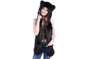 Petalum Damen Winter Warm Mütze Schal Handschuhe Set Kapuzen Handschuhe Warm Kapuzenschal Plüsch Tiere Bär Panda Wolf Paws Ohren Fellmütze
