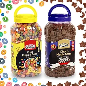 Swad Choco Magic Stars & Fruit Rings N Balls (Multigrain Chocos Loop Breakfast Cereal) 2 Jars, 635 g