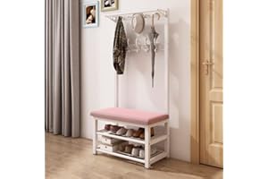 ANGROUPS Appendiabiti da Terra Banco in Metallo con Ripiani Scarpiera per Ingresso Corridoio con Ganci Rimovibili e Panca e Scarpiera, Appendiabiti Autoportante Bianco 100X33X172CM