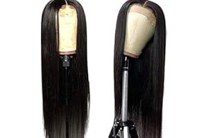 PREVESSEL Peluca larga y lisa para mujer, cierre de encaje frontal, cabello humano negro natural para mujer, vestido diario, fiesta de cosplay