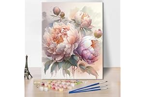 TISHIRON Zestaw do malowania według liczb – piwonie w stylu malarstwa olejnego, 40 x 50 cm, sztuka kwiatowa dla dorosłych i początkujących, w zestawie pędzle i farby akrylowe do eleganckiej dekoracji