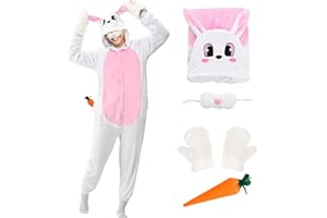 Matreeglam Easter Bunny Jumpsuit Adult, Plush Rabbit Costume Onesie, Pink Easter Bunny Pyjamas Fancy Dress for Easter Costume Women Men