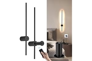 AANYHOH Battery Operated Wall Lights Indoor, USB-C Rechargeable Wall Light with Remote Control, 60CM Black, Dimmable Wireless LED Wall Lamps with Switch, 360° Free Rotation Modern Wall Sconces, 2 Pack