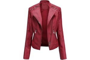 LIEVETY Women's Faux Leather Moto Jacket Zip Moto Pu Leather Biker Jacket Coat with Pockets Outwear Slim Coat