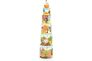 Janod - Ma Première Pyramide - Animaux de la Ferme - Jouet d'Éveil - 5 Cubes à Empiler + 1 Poule en Bois - Développe Dextérité et Imagination - Dès 12 Mois,J03310, Vert/Rose