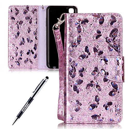 LG X Style Case, LG X Style Cover, JAWSEU LG X Style Wallet Case Luxury Butterfly Premium PU Leather Flip Cover for LG X Style Protector Bumper Skin with Soft Silicone Case Credit ID Card Slots Magnetic Closure Kickstand Strap Wallet Pouch Smartphone Shell Protective Phone Case for LG X Style + Stylus Pen - Butterfly, Voilet