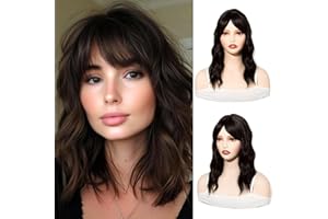 PARXITN Nakładka na włosy dla kobiet, syntetyczne treski, 35 cm, z grzywką, falowane, treski do cienkich włosów, głęboki brąz