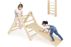 COSTWAY Triángulos de Escalada Plegables y Ajustables 3 en 1, Juguetes Triangulares de Escalada para Niños con Rampa Deslizante,Escalador Triangular de Madera Montessori (Natural)