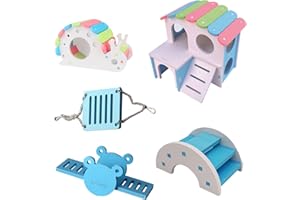 PERSENTU Hamster Toy Set, 5Pcs Hamster Toys Set Rainbow, DIY Pine Guinea Pigs Toy, Including Hamsters House Seesaw Bridge And Swing, Hamsters Cage Accessories for Gerbil Mouse and Small Pets