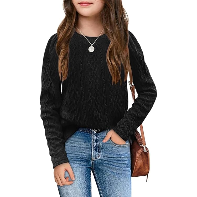 Haloumoning Gebreide trui voor meisjes, ronde hals, gebreide trui, kinderen, lange mouwen, jumper, effen, herfst, winter, bovenstuk, gebreide sweater, zwart, 160 Haloumoning Gebreide trui voor meisjes, ronde hals, gebreide trui, kinderen, lange mouwen, jumper, effen, herfst, winter, bovenstuk, gebreide sweater, zwart, 160